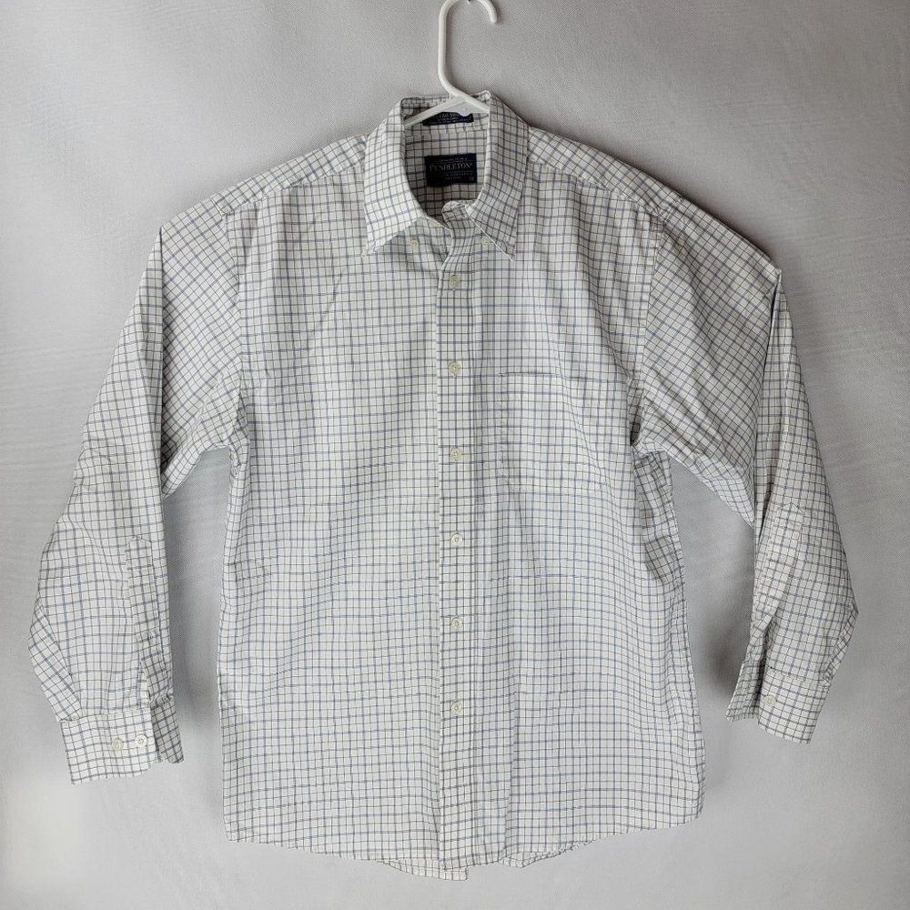 Pendleton Mens Size Medium White Blue Brown Checkered Metro Wrinkle Resistant LS